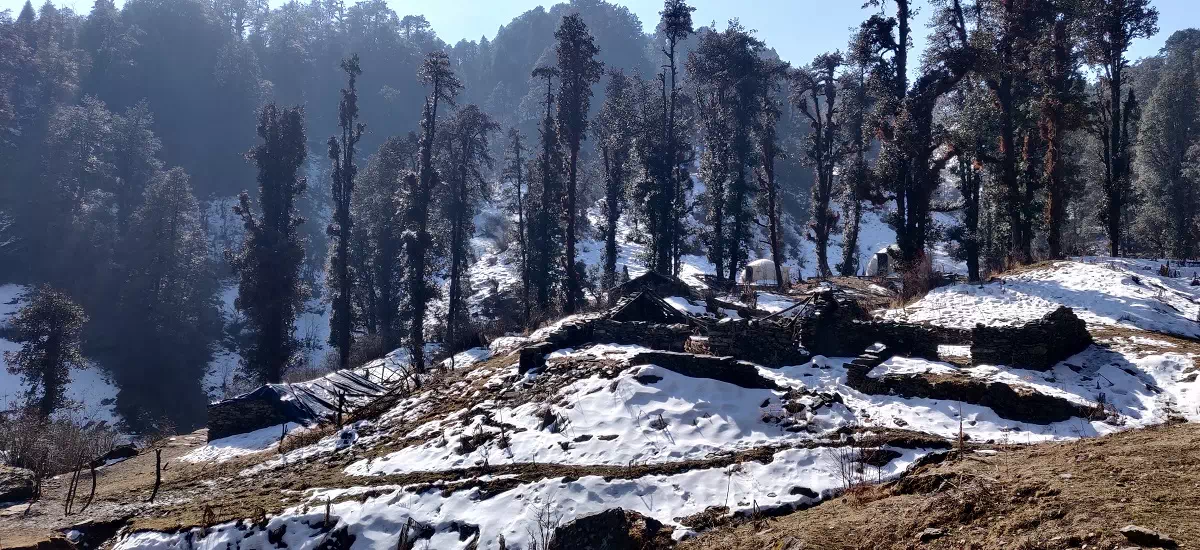 Trekker passing through snow covered campsite on Dayara Bugyal Trek