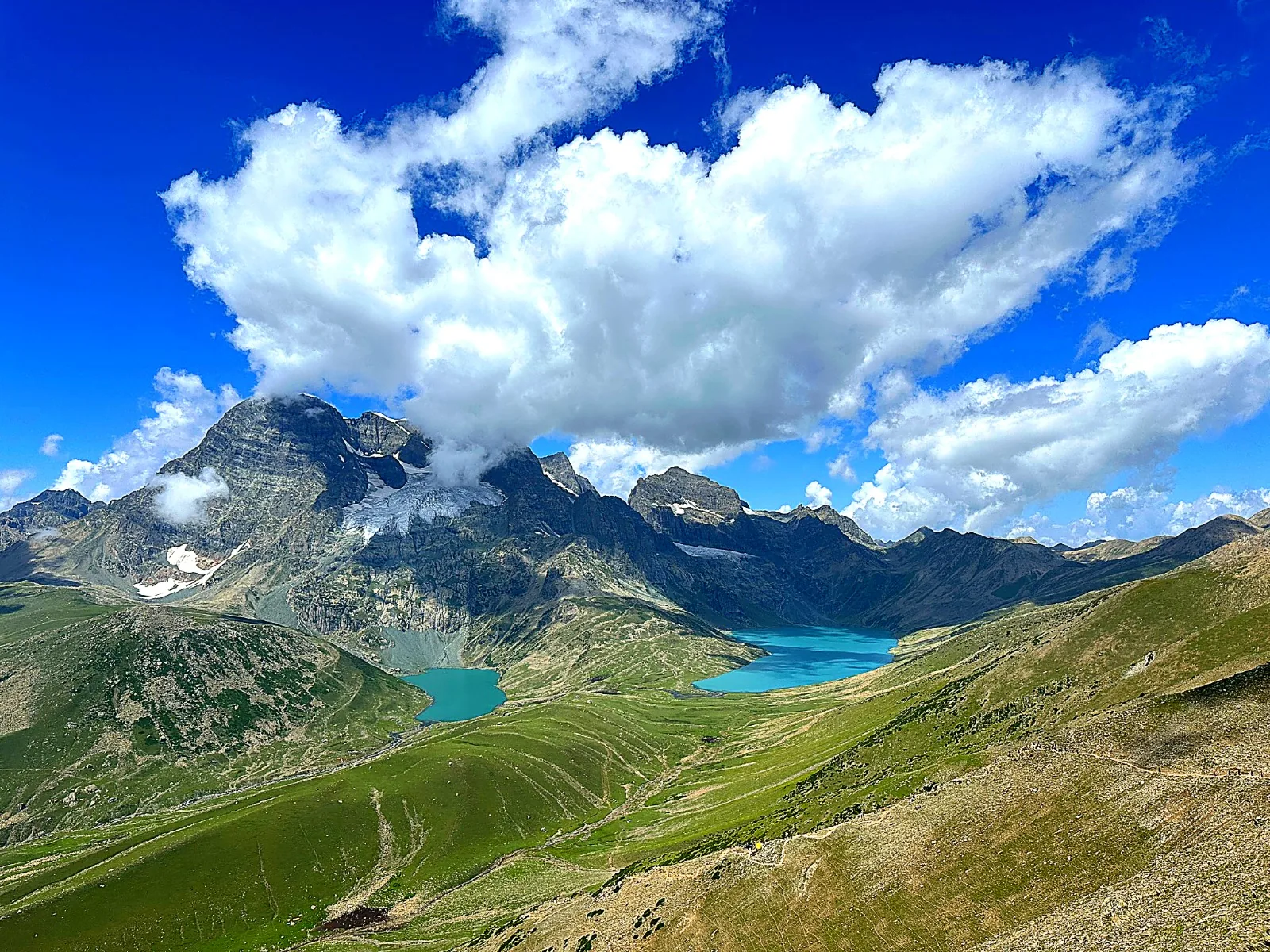 “Kashmir Great Lakes Trek scenic mountain landscape with alpine lakes and green meadows”