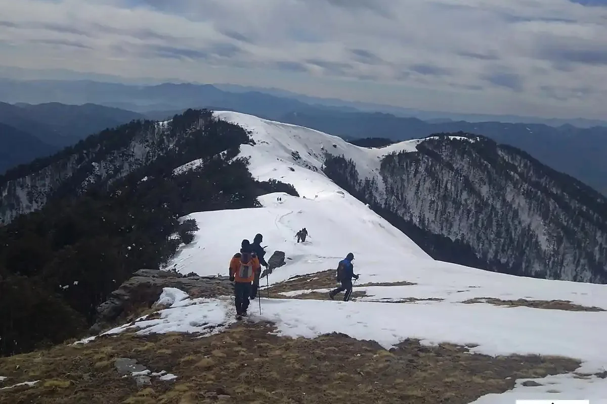 Melting, patchy snow on a Brahmatal ridge, typical of the March temperature and weather