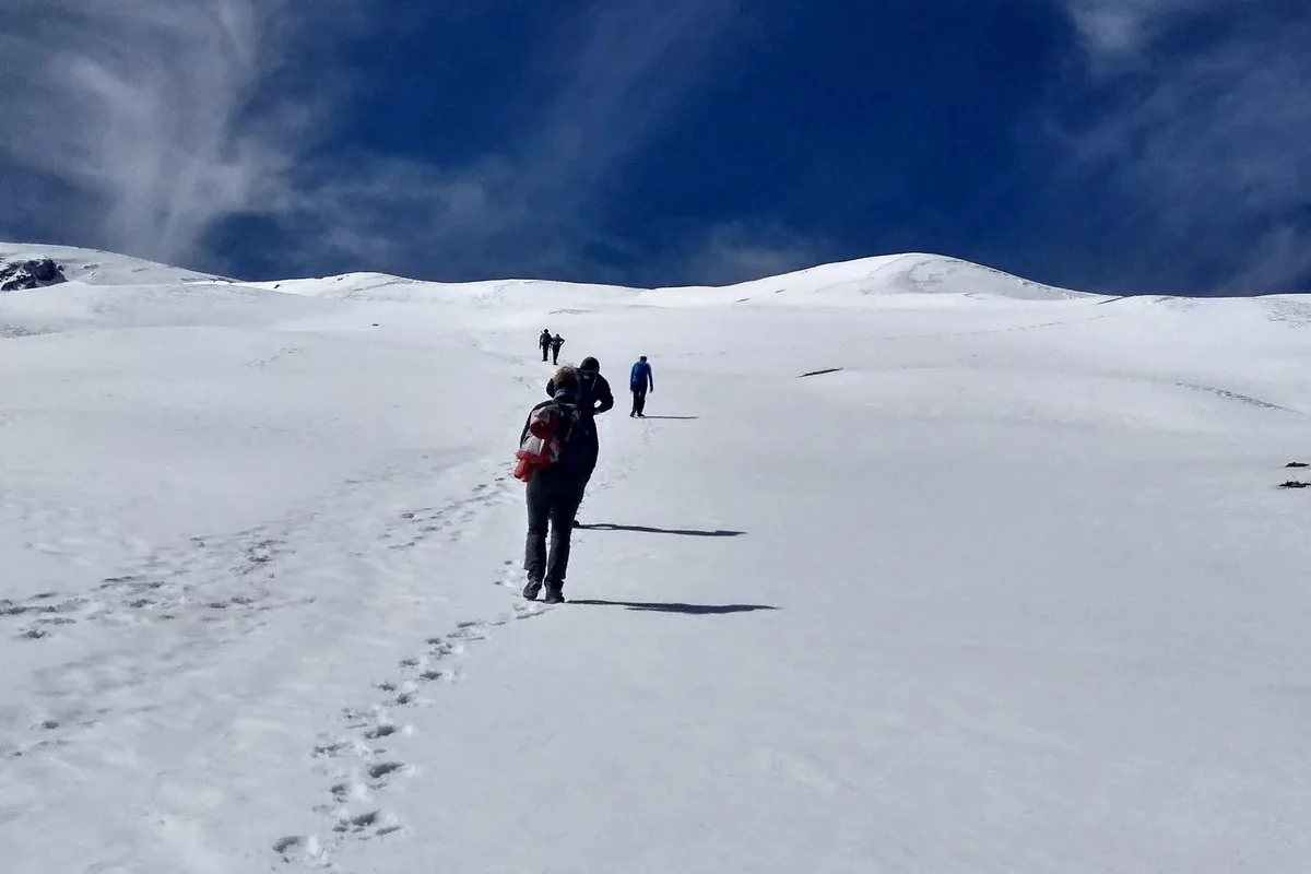 Trekkers walking across a snowfield on the Kuari Pass trek, where winter temperatures stay near or below freezing