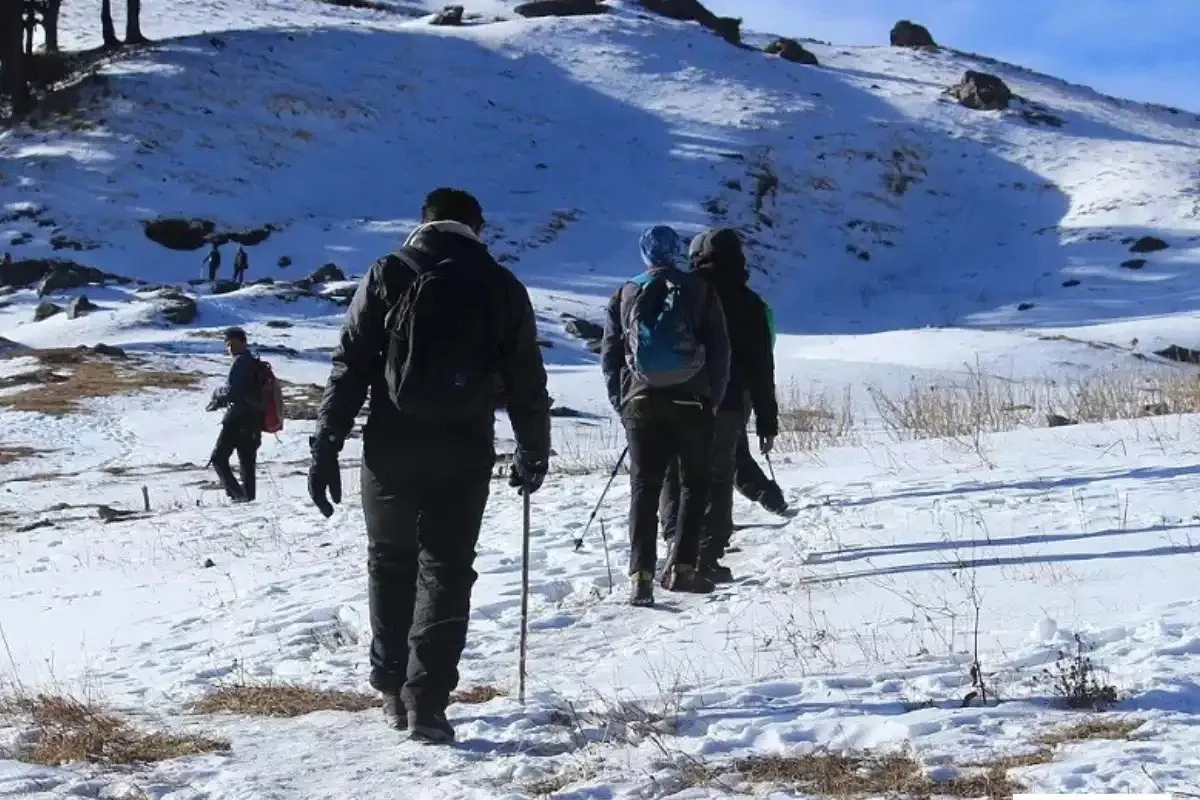 Trekkers in winter jackets and gloves walking through snow on the Kuari Pass trek in winter