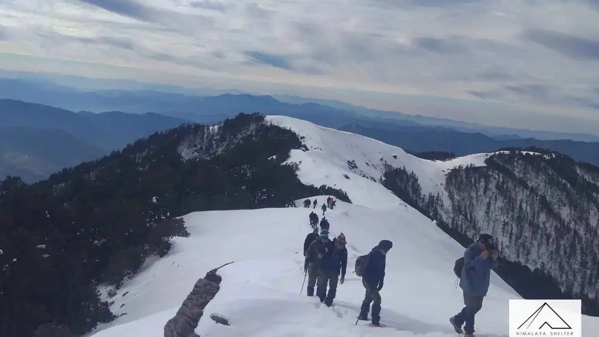 Trekkers in a line walking down a snow-covered ridge on the Brahmatal trek, with forested hills and cloudy sky around them
