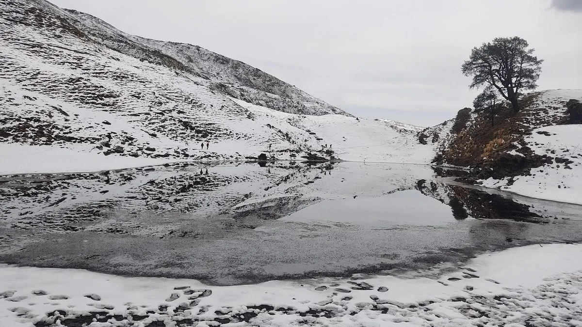 Brahmatal lake partly frozen, with snow on its banks and a lone tree on the slope above it in winter
