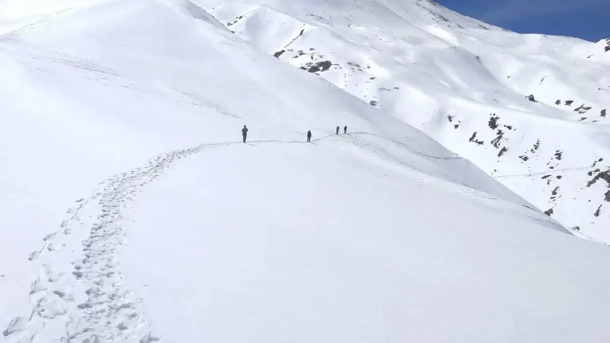 Line of trekkers following footprints along a snow-covered ridge on the Brahmatal trek under a clear blue sky