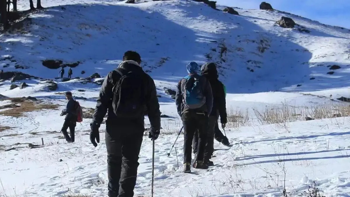 Three trekkers with poles walking across deep snow towards a ridge on the Kuari Pass trek in winter